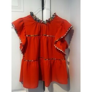 Crosby By Mollie Burch Orange Colorful Trim Peplum Style Sleeveless Blouse Sz M